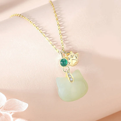 Collier avec pendentif en jade Hetian en argent sterling 925 plaqué or, tête de chat et patte de chat