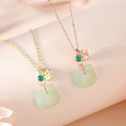 Collier avec pendentif en jade Hetian en argent sterling 925 plaqué or, tête de chat et patte de chat