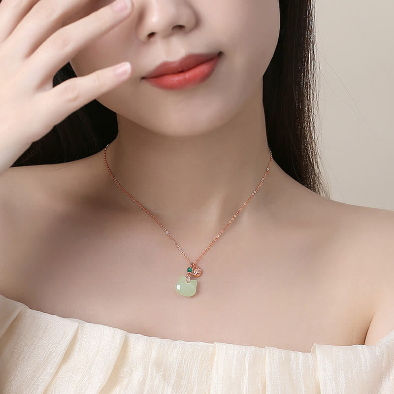 Collier avec pendentif en jade Hetian en argent sterling 925 plaqué or, tête de chat et patte de chat