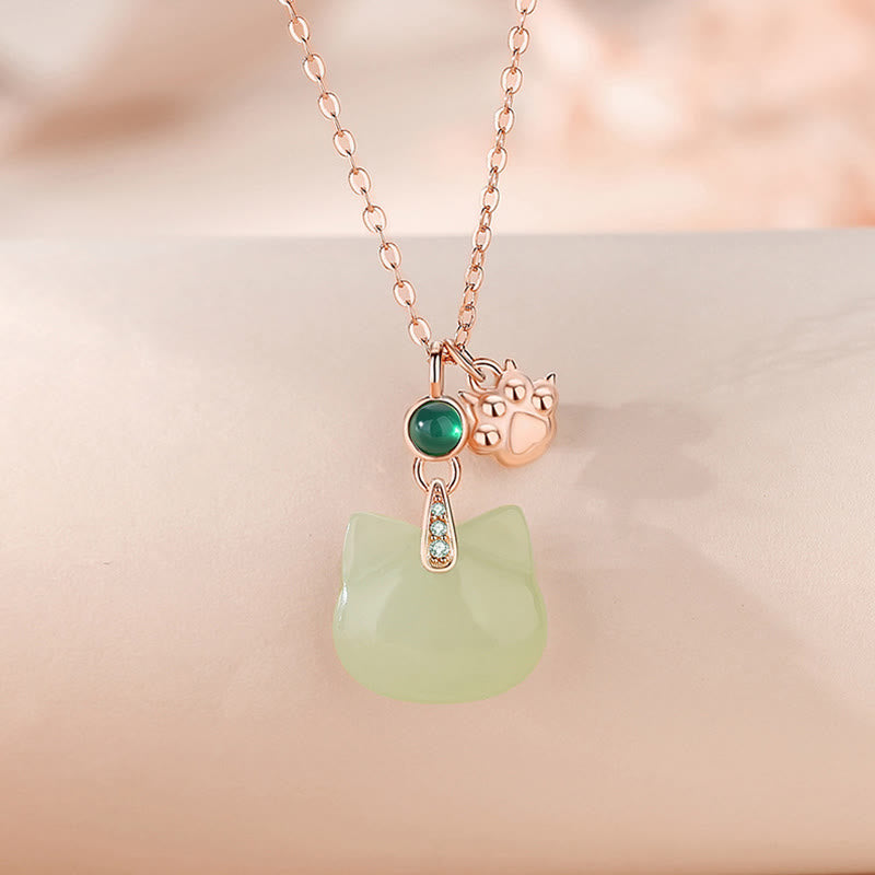 Collier avec pendentif en jade Hetian en argent sterling 925 plaqué or, tête de chat et patte de chat