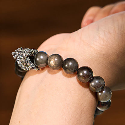 Bracelet de protection dragon en obsidienne argentée et brillante de Bouddha Stones 