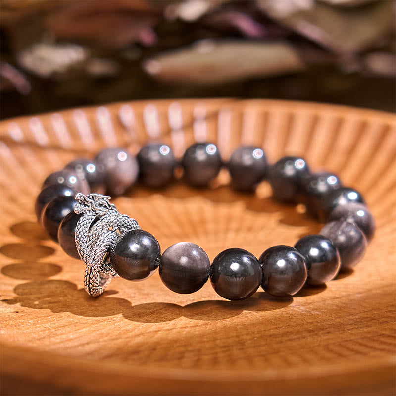 Bracelet de protection dragon en obsidienne argentée et brillante de Bouddha Stones 