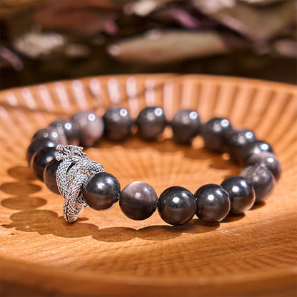 Bracelet de protection dragon en obsidienne argentée et brillante de Bouddha Stones 