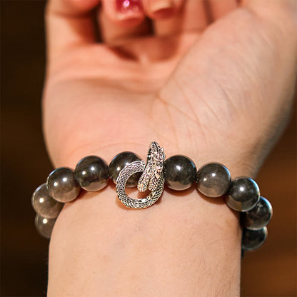 Bracelet de protection dragon en obsidienne argentée et brillante de Bouddha Stones 