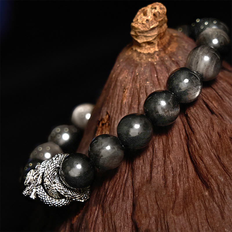 Bracelet de protection dragon en obsidienne argentée et brillante de Bouddha Stones 