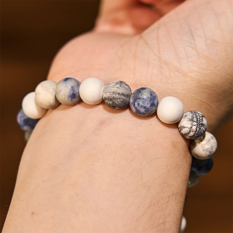 Bracelet de relaxation Buddha Stones, turquoise blanche, jaspe Picasso, jaspe tacheté bleu 