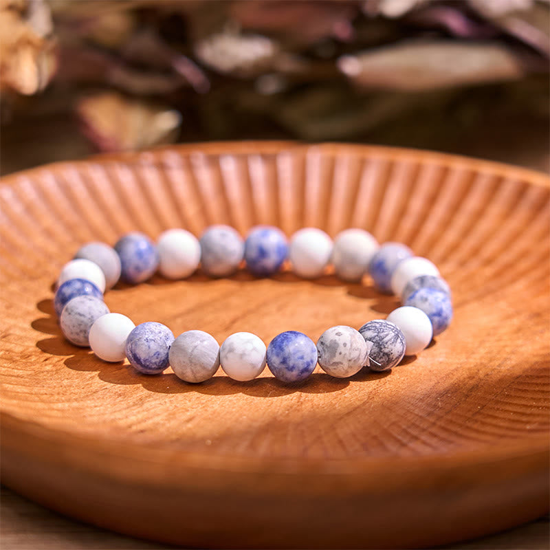 Bracelet de relaxation Buddha Stones, turquoise blanche, jaspe Picasso, jaspe tacheté bleu 