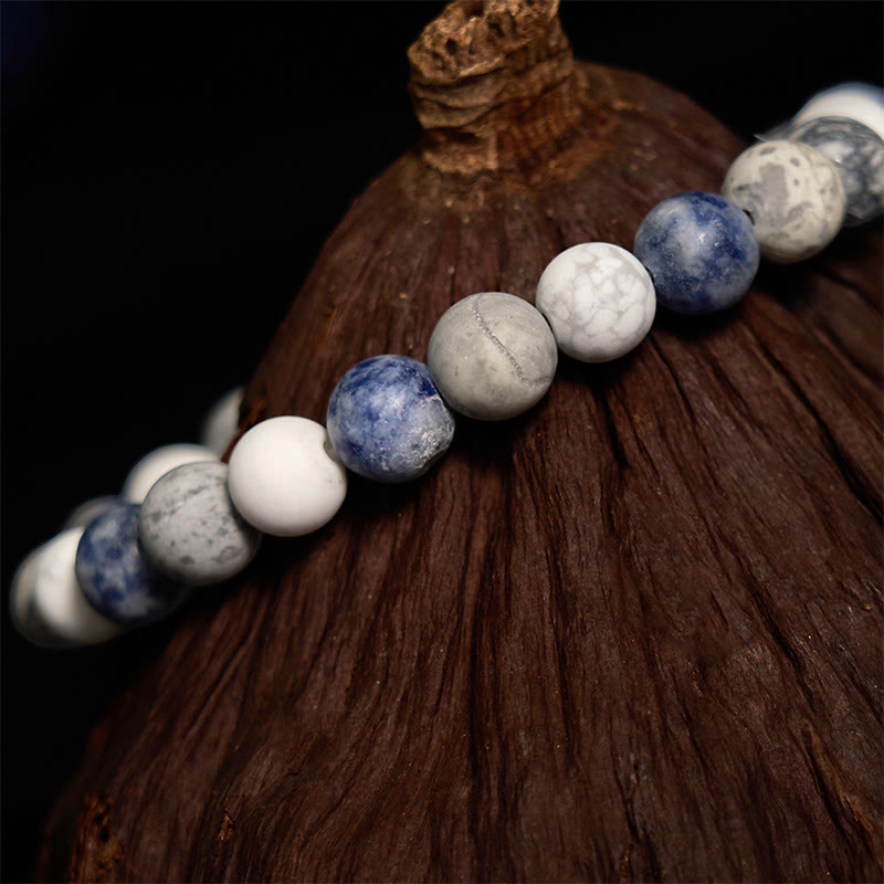 Bracelet de relaxation Buddha Stones, turquoise blanche, jaspe Picasso, jaspe tacheté bleu 