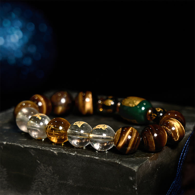 Bracelet courage en cristal blanc œil de tigre avec pierres de Bouddha et zodiaque chinois 