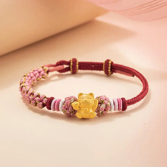 Buddha Stones Handmade 999 Sterling Silver Fortune Cat Ingot Peach Blossom Luck Red Rope Bracelet BS