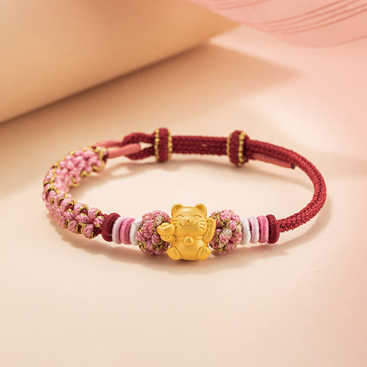 Bracelet en corde rouge porte-bonheur en argent sterling 999 fait main avec pierres de Bouddha et lingot de chat porte-bonheur en fleur de pêcher