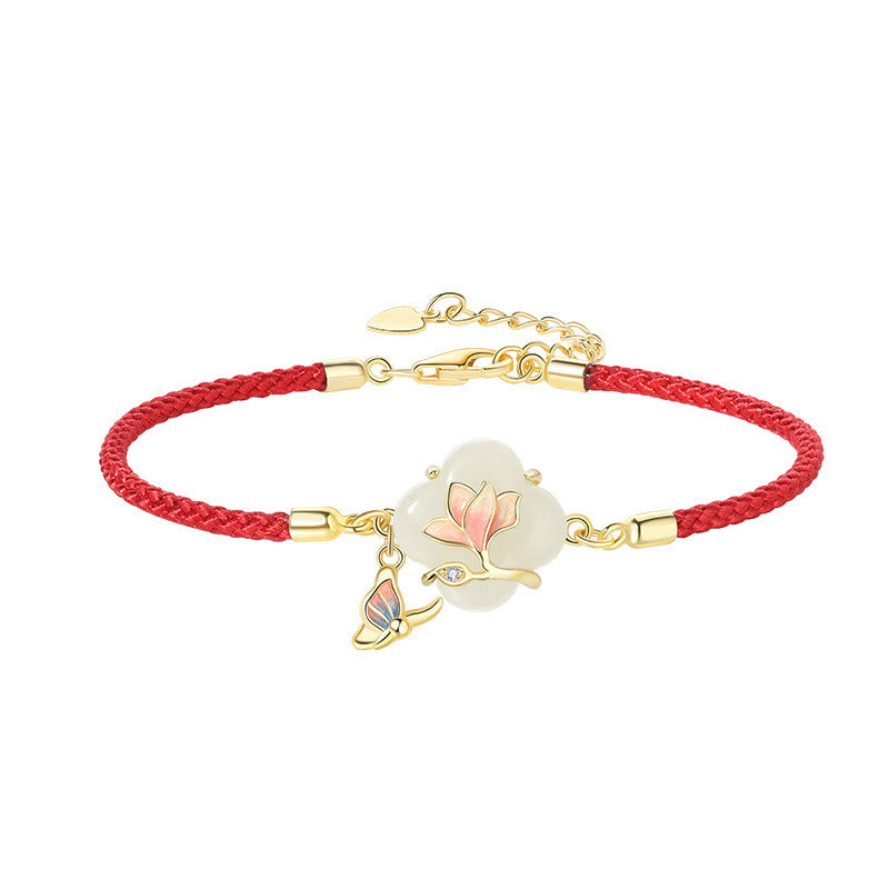 Bracelet porte-bonheur en argent sterling 925 avec pierres de Bouddha, jade Hetian, fleur de magnolia et papillon