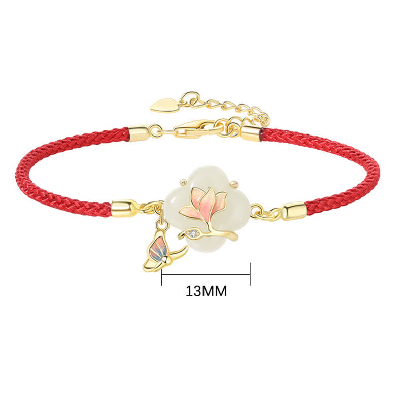 Bracelet porte-bonheur en argent sterling 925 avec pierres de Bouddha, jade Hetian, fleur de magnolia et papillon