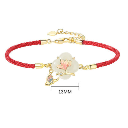 Bracelet porte-bonheur en argent sterling 925 avec pierres de Bouddha, jade Hetian, fleur de magnolia et papillon