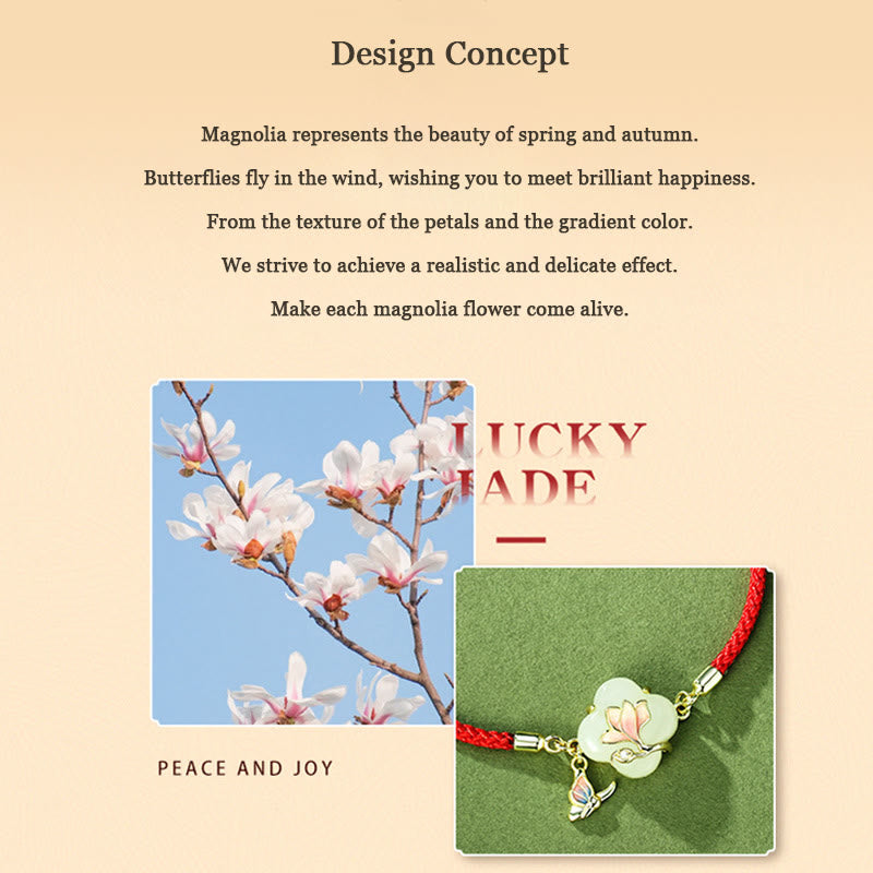 Bracelet porte-bonheur en argent sterling 925 avec pierres de Bouddha, jade Hetian, fleur de magnolia et papillon