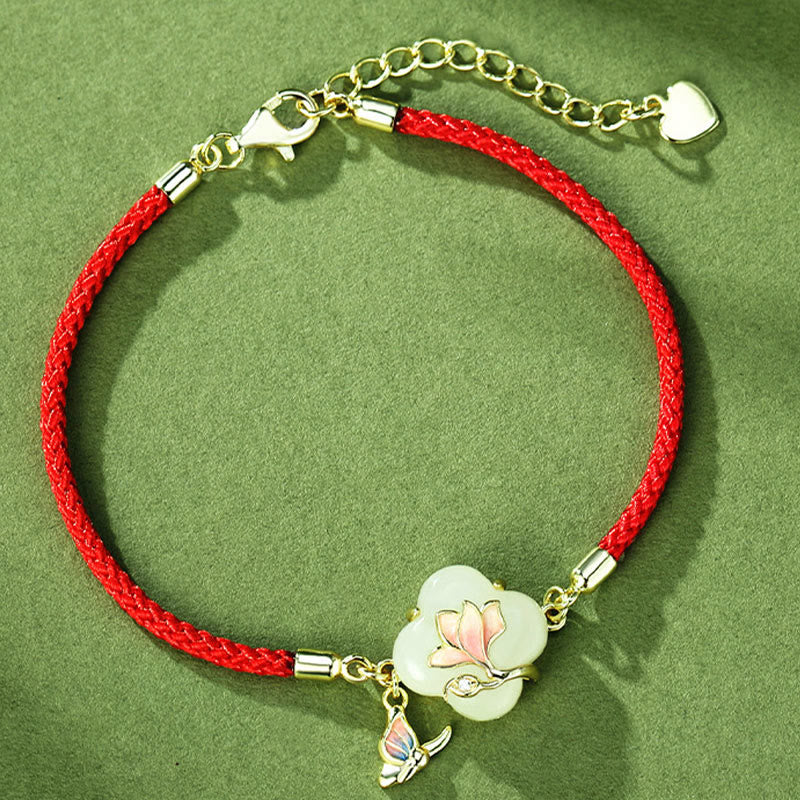 Bracelet porte-bonheur en argent sterling 925 avec pierres de Bouddha, jade Hetian, fleur de magnolia et papillon