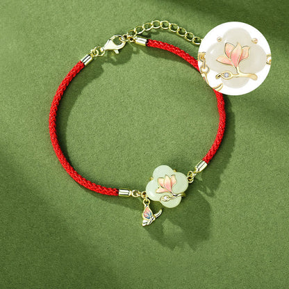 Bracelet porte-bonheur en argent sterling 925 avec pierres de Bouddha, jade Hetian, fleur de magnolia et papillon