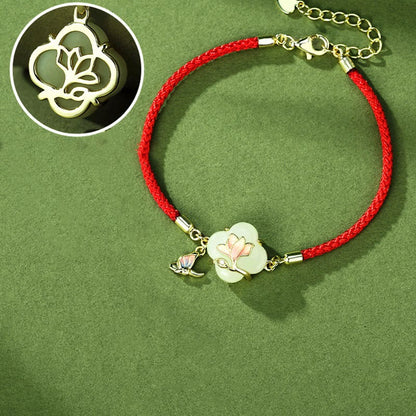 Bracelet porte-bonheur en argent sterling 925 avec pierres de Bouddha, jade Hetian, fleur de magnolia et papillon
