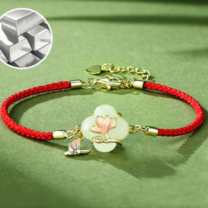 Bracelet porte-bonheur en argent sterling 925 avec pierres de Bouddha, jade Hetian, fleur de magnolia et papillon