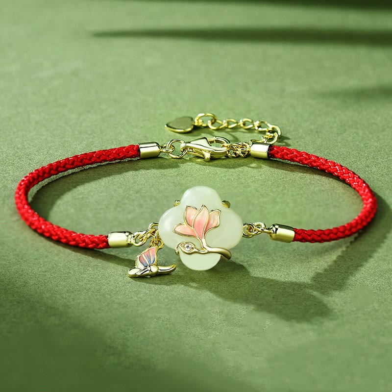 Bracelet porte-bonheur en argent sterling 925 avec pierres de Bouddha, jade Hetian, fleur de magnolia et papillon