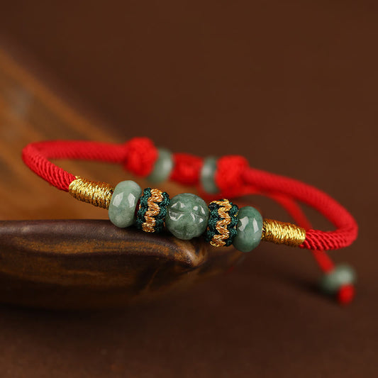 Bracelet en corde rouge avec perles de boulier en jade et pierres de Bouddha