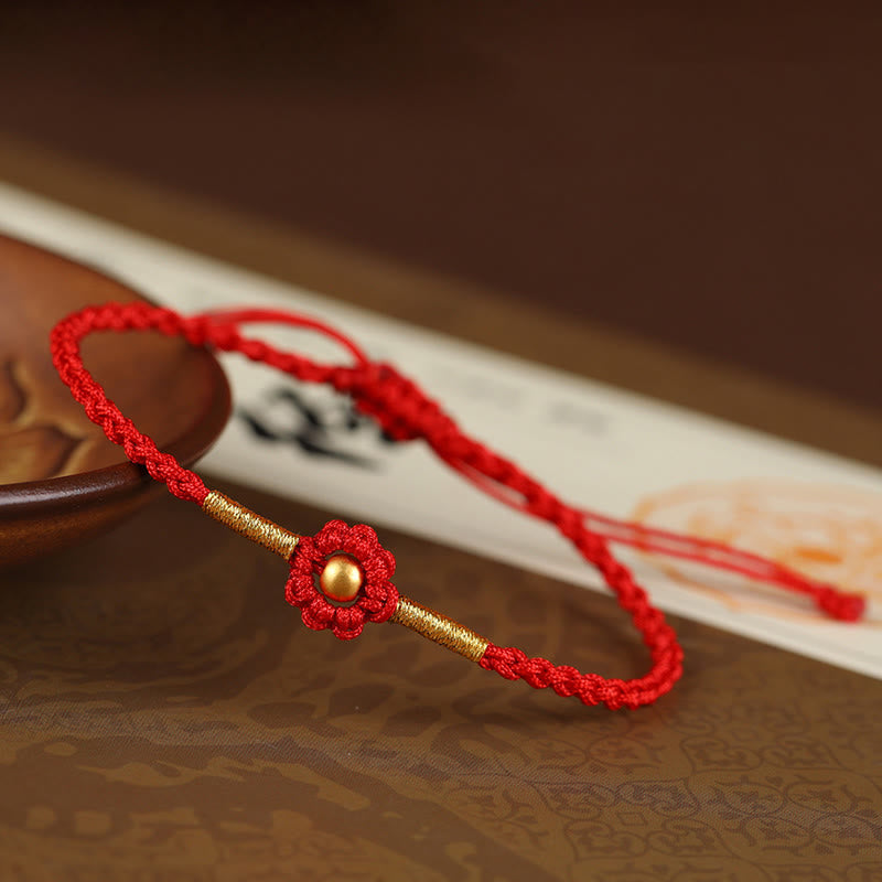 Bracelet en corde fait main avec mini perles en or 999 et motif floral, protection et chance 
