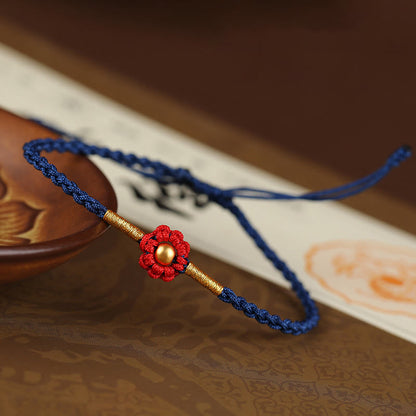 Bracelet en corde fait main avec mini perles en or 999 et motif floral, protection et chance 