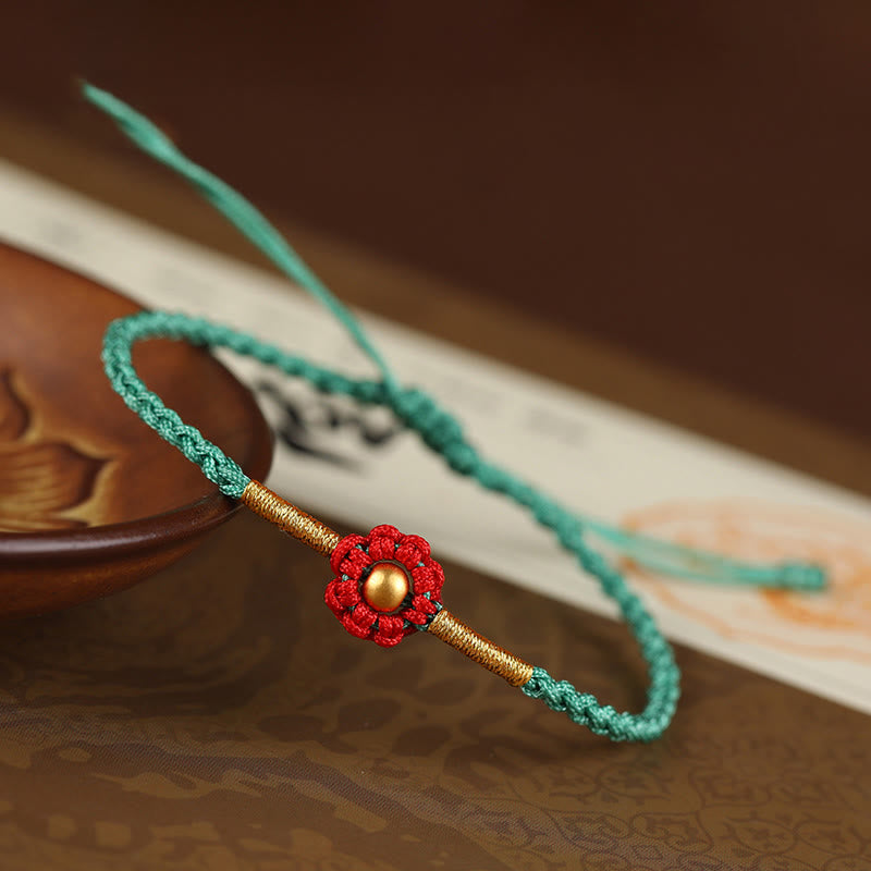 Bracelet en corde fait main avec mini perles en or 999 et motif floral, protection et chance 
