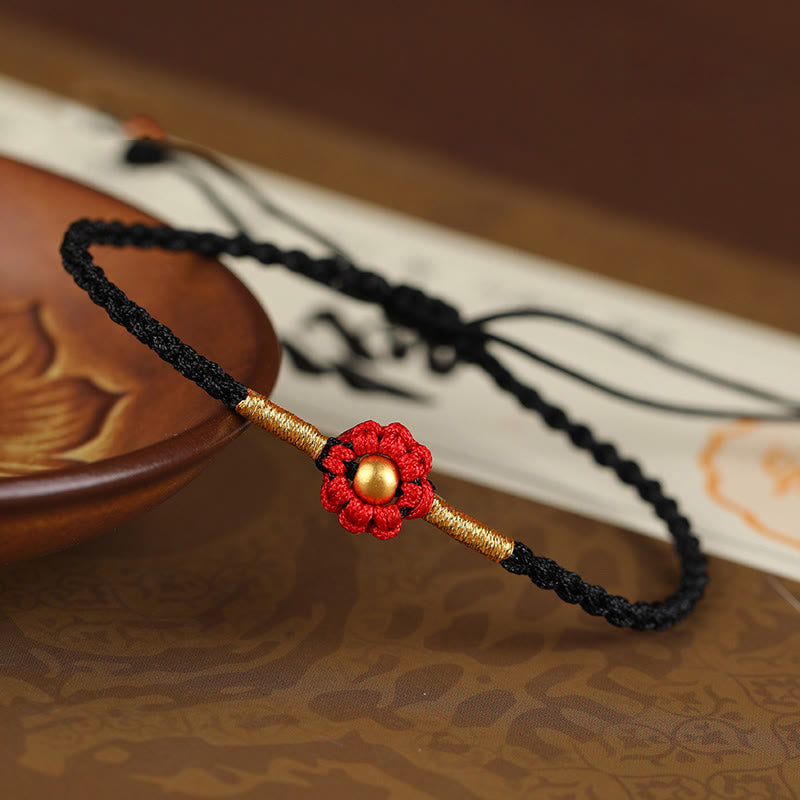 Bracelet en corde fait main avec mini perles en or 999 et motif floral, protection et chance 