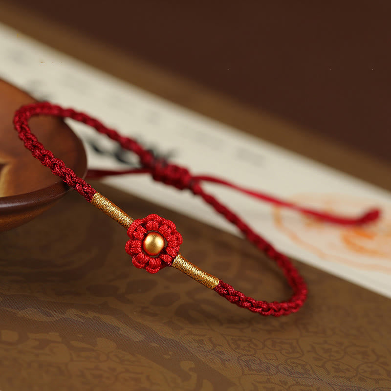 Bracelet en corde fait main avec mini perles en or 999 et motif floral, protection et chance 