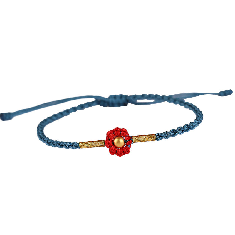 Bracelet en corde fait main avec mini perles en or 999 et motif floral, protection et chance 