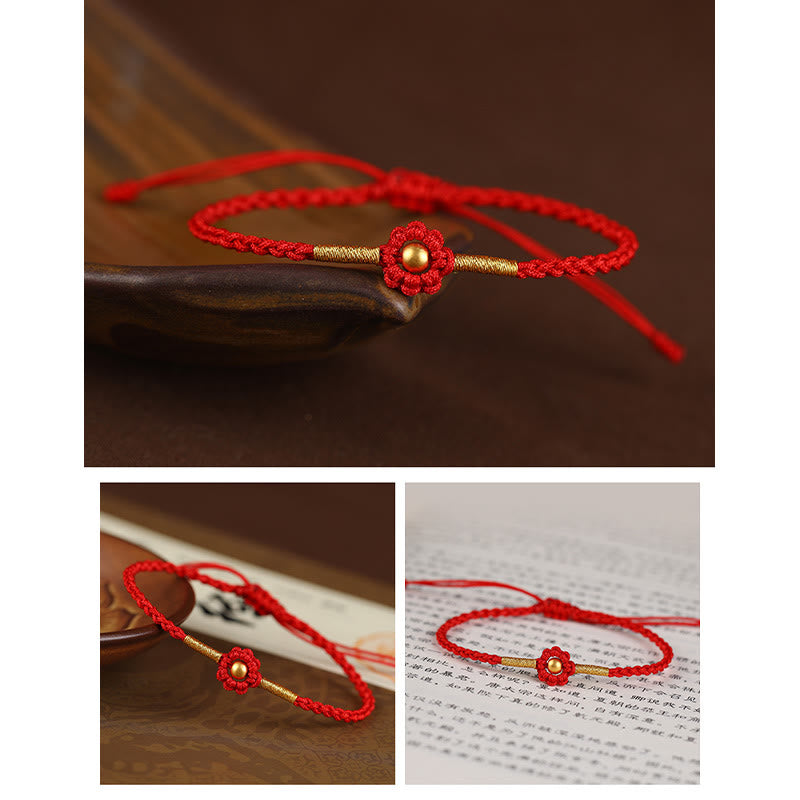 Bracelet en corde fait main avec mini perles en or 999 et motif floral, protection et chance 