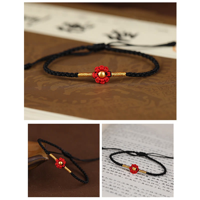 Bracelet en corde fait main avec mini perles en or 999 et motif floral, protection et chance 