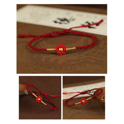 Bracelet en corde fait main avec mini perles en or 999 et motif floral, protection et chance 