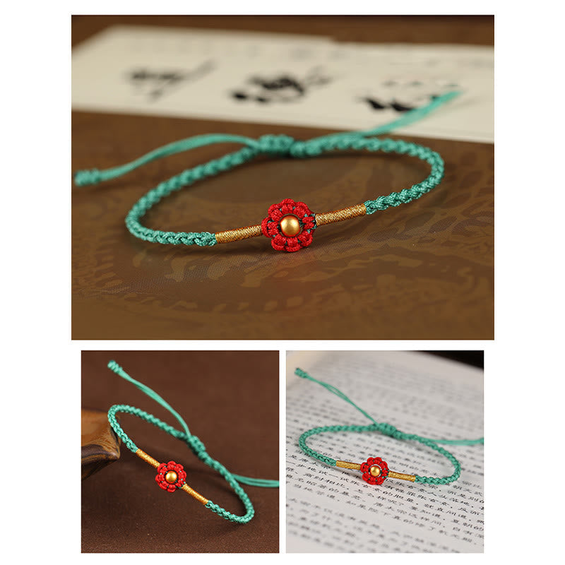 Bracelet en corde fait main avec mini perles en or 999 et motif floral, protection et chance 