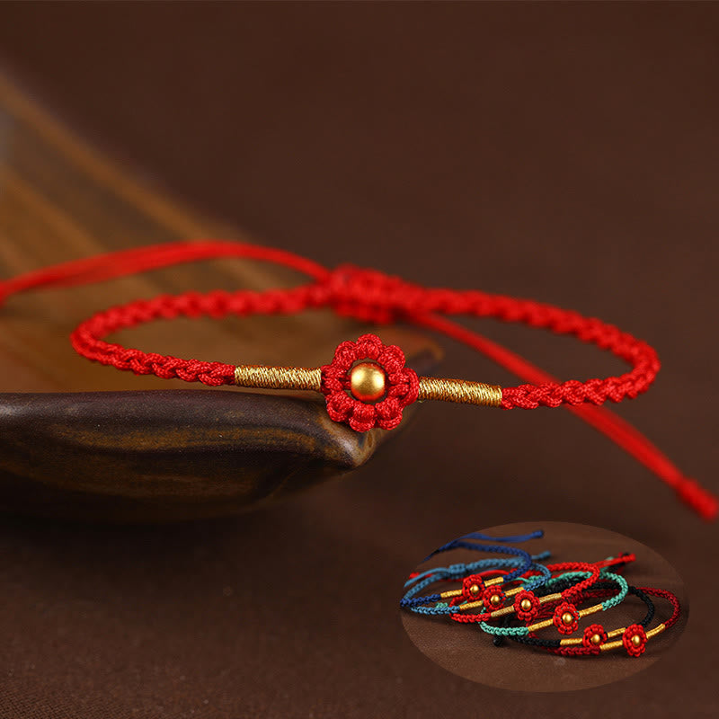 Bracelet en corde fait main avec mini perles en or 999 et motif floral, protection et chance 