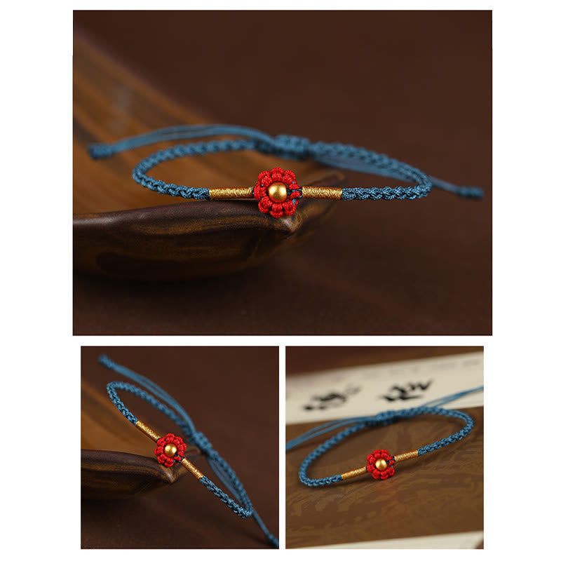 Bracelet en corde fait main avec mini perles en or 999 et motif floral, protection et chance 
