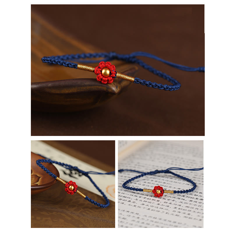Bracelet en corde fait main avec mini perles en or 999 et motif floral, protection et chance 
