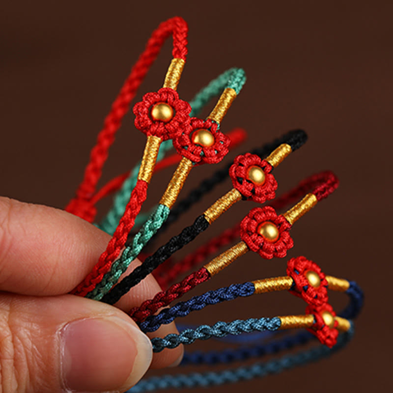 Bracelet en corde fait main avec mini perles en or 999 et motif floral, protection et chance 