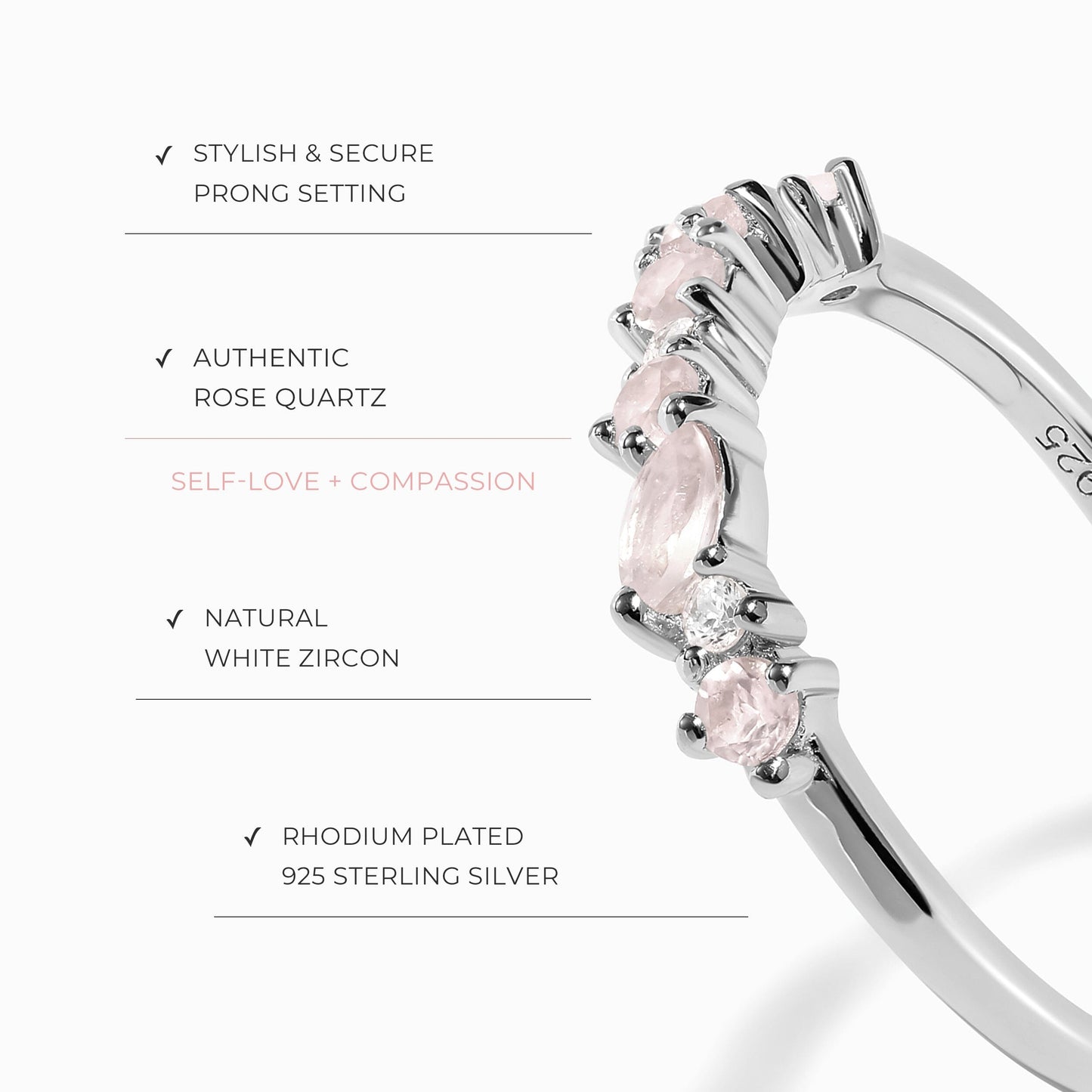 Bague en quartz rose et zircon blanc - Grace