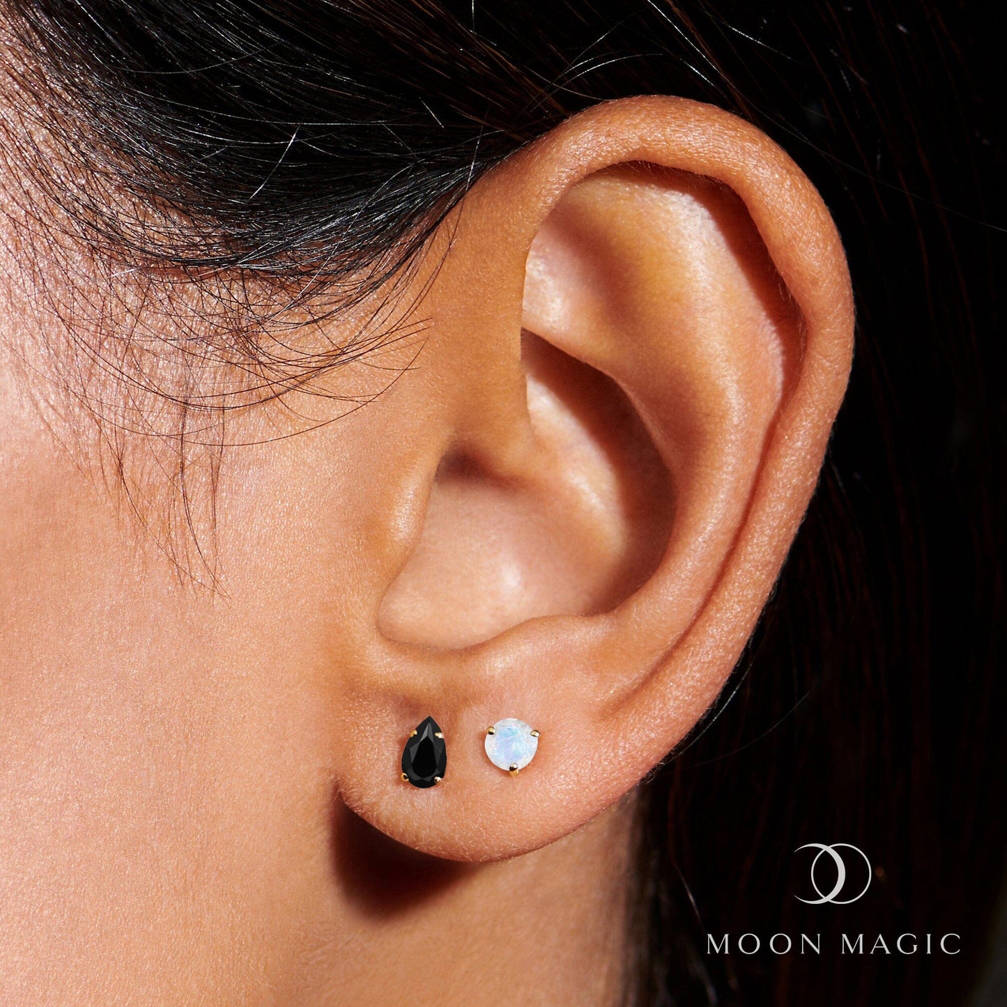 Clous d'oreilles en obsidienne noire et pierre de lune, petites gouttes et ronds