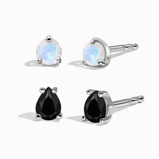 Clous d'oreilles en obsidienne noire et pierre de lune, petites gouttes et ronds