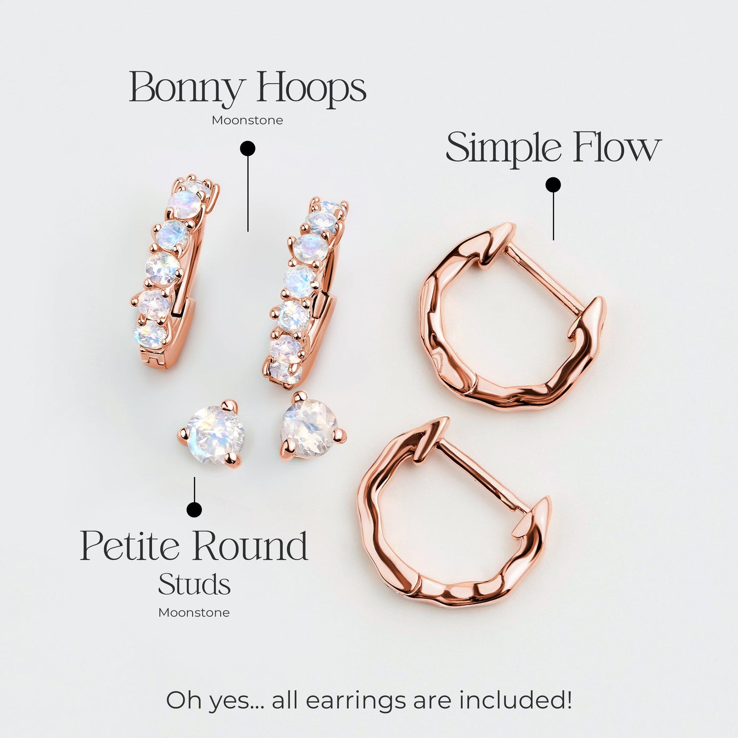 Ensemble de boucles d'oreilles créoles en pierre de lune - Trio classique