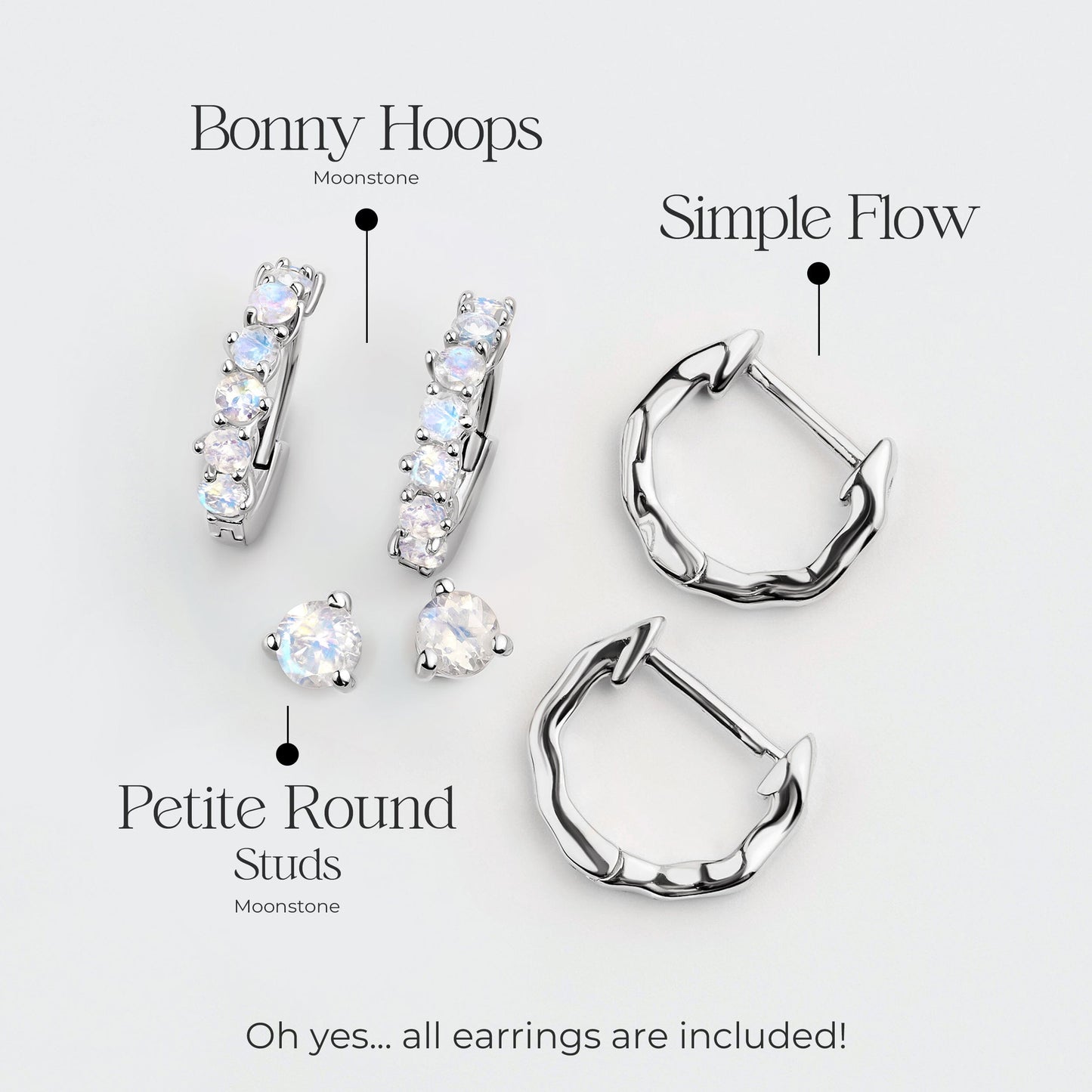 Ensemble de boucles d'oreilles créoles en pierre de lune - Trio classique
