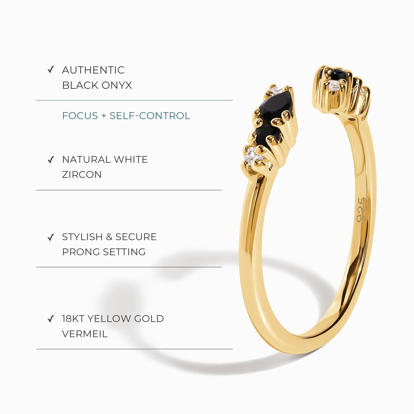 Bague ajustable en onyx noir Flourish – Pierre de naissance de décembre