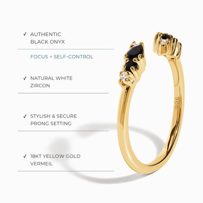 Bague ajustable en onyx noir Flourish – Pierre de naissance de décembre