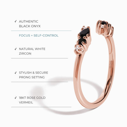 Bague ajustable en onyx noir Flourish – Pierre de naissance de décembre