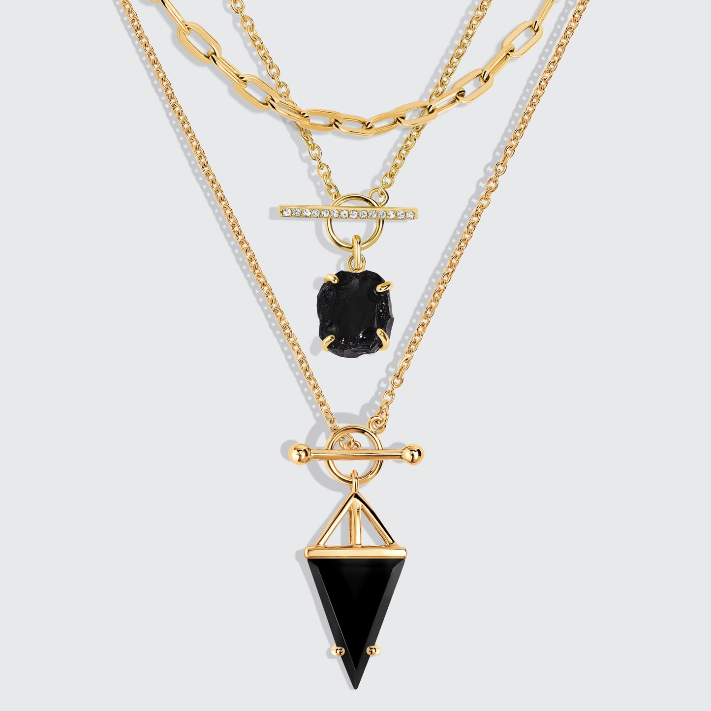 Colliers T Lock Heroine en obsidienne noire et cristal brut, et chaîne à maillons larges