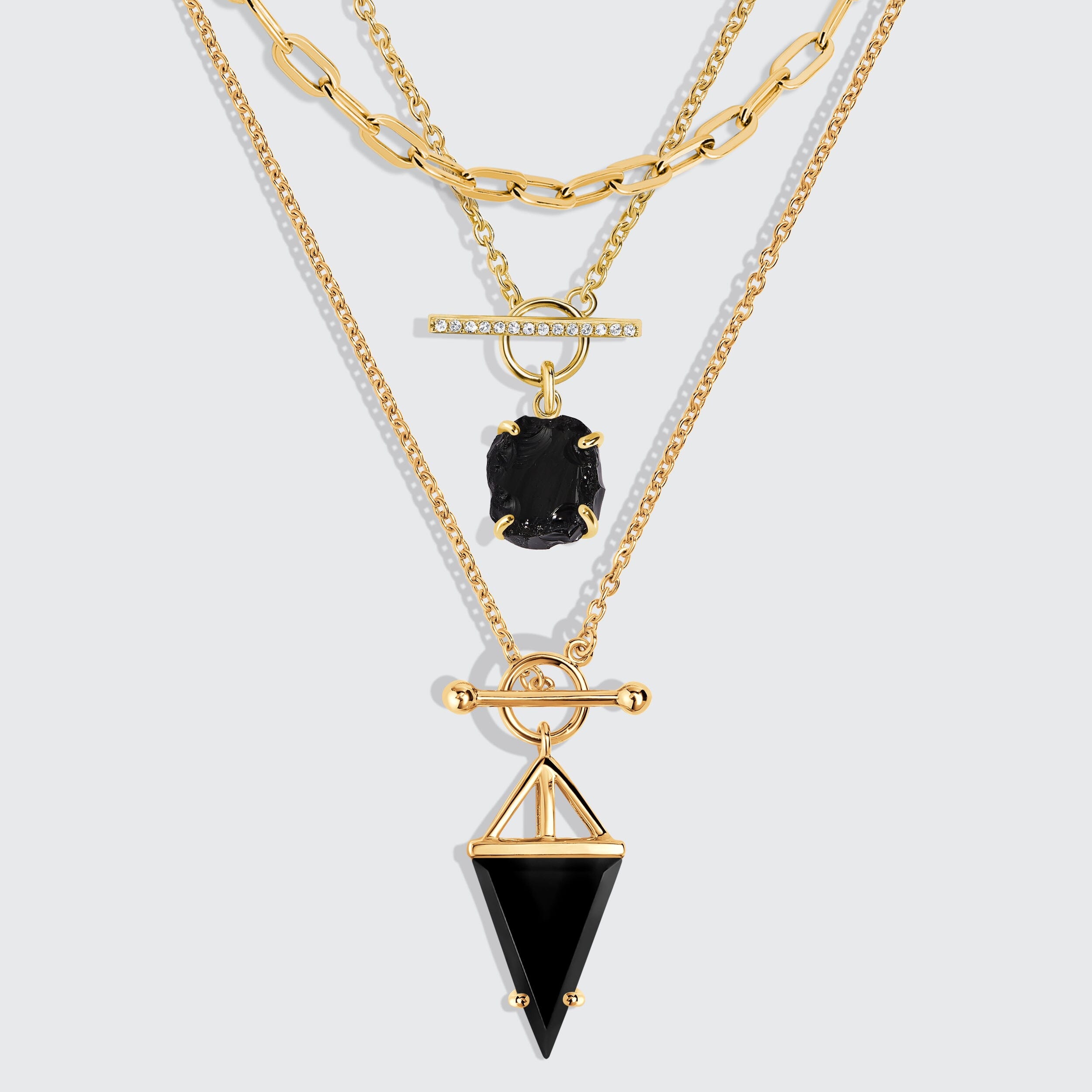 Black Obsidian Heroine T Lock & Raw Crystal T Lock Necklaces & Widelink Chain