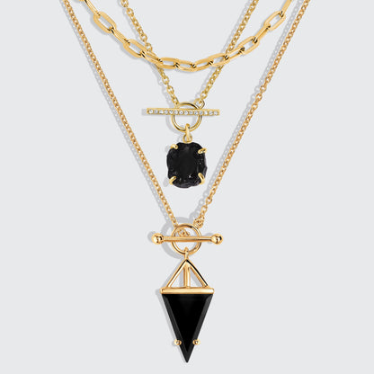 Colliers T Lock Heroine en obsidienne noire et cristal brut, et chaîne à maillons larges
